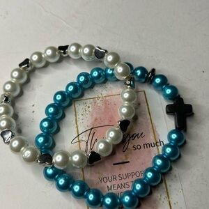 Blue & White Pearl Faith Bracelet
